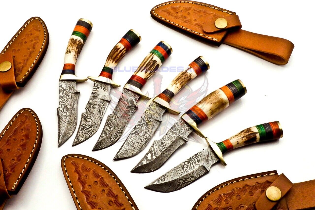 Custom Handmade Damascus Steel 6 Set Hunting Knife Groomsman handle Deer antler