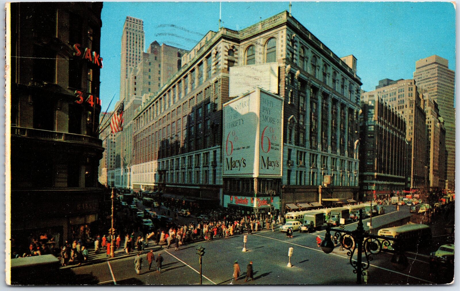 VINTAGE POSTCARD THE MACY\'S PROCESSION AT HERALD SQUARE SHOWING MACY\'S STORE \'58