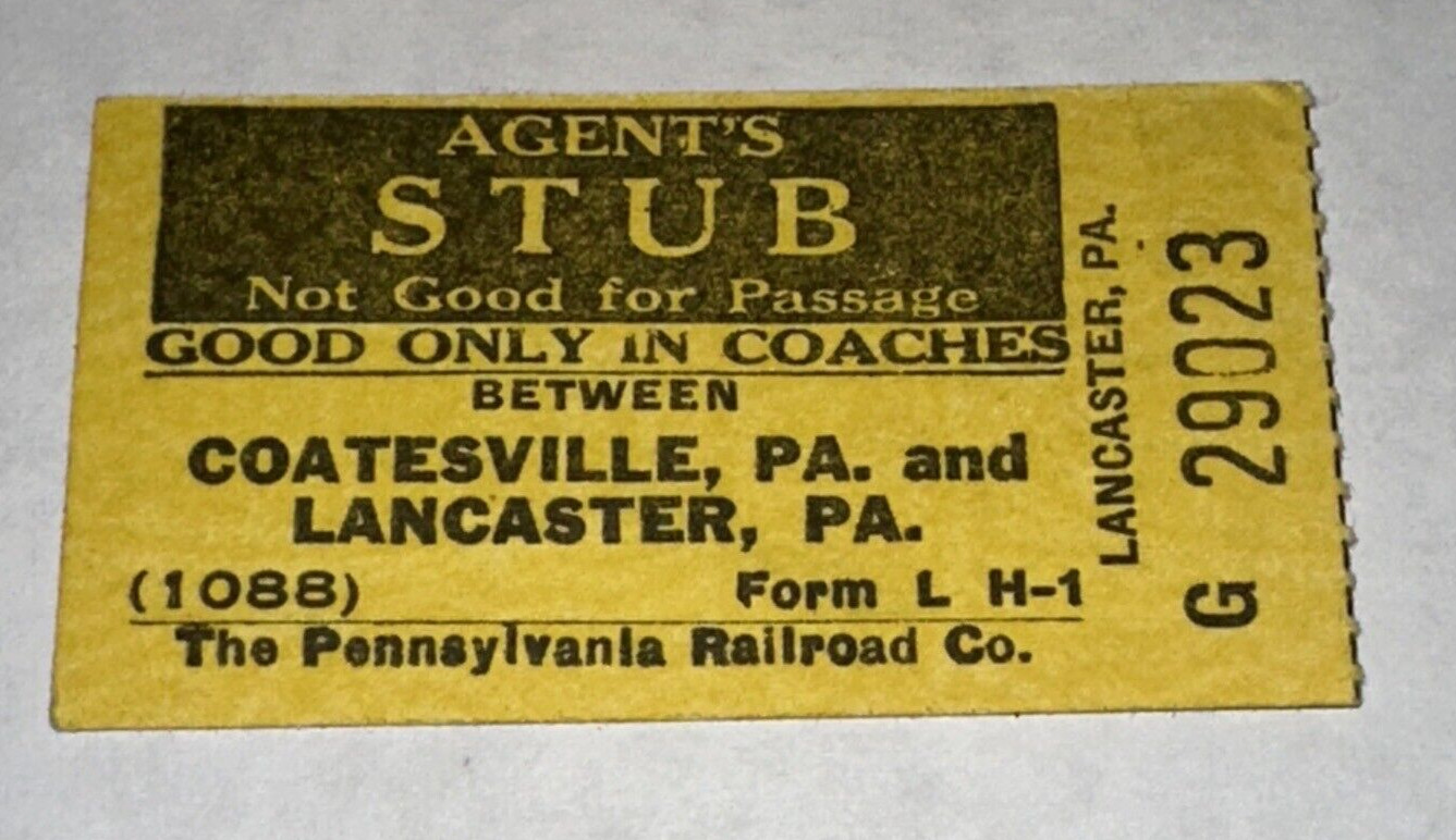 1945 Vintage Pennsylvania Railroad Agents Ticket Stub Coatesville - Lancaster PA