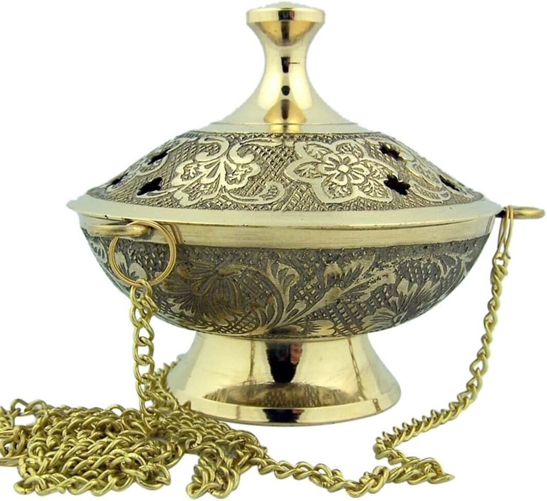 Ornate High Polished Brass Hanging Incense Burner for Church or Home 3.5 In