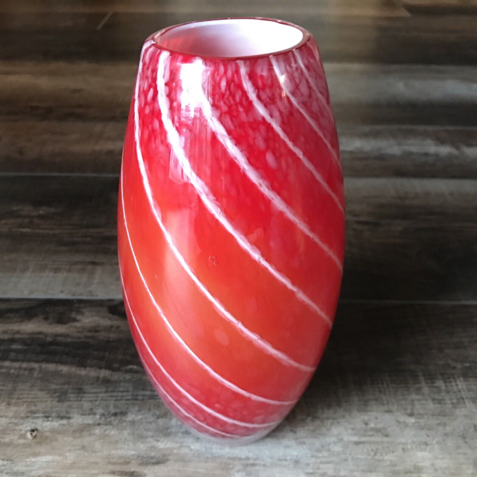 Vintage Art Glass Vase Heavy Thick Red And White Abstract Stripe Weed Pot Rare