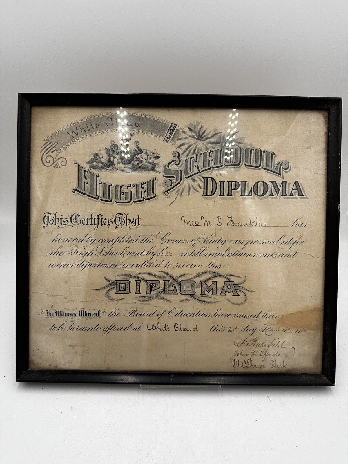 Vintage 1890 High School Diploma In Frame Good Condition Collectible