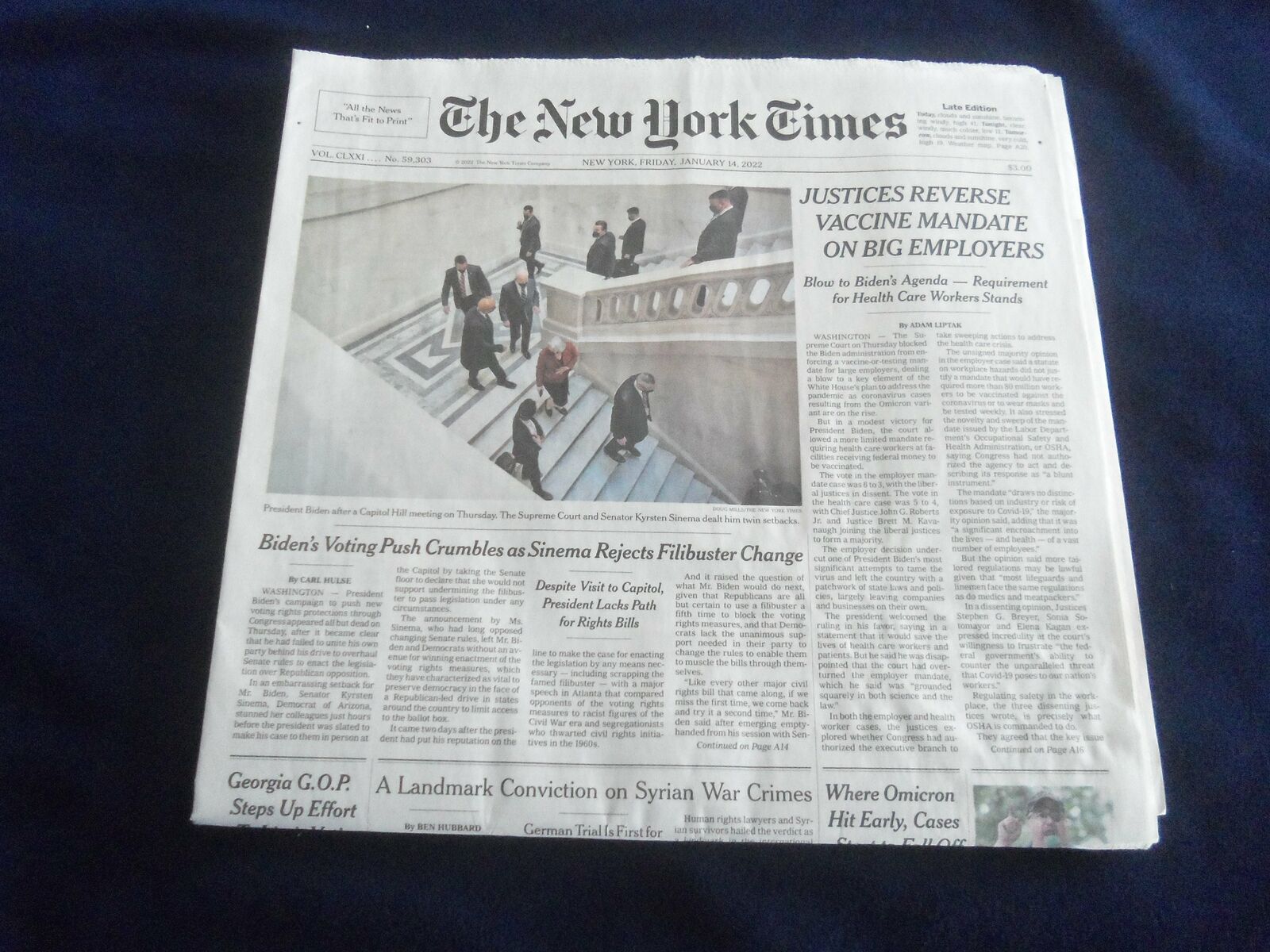 2022 JANUARY 14 NEW YORK TIMES-JUSTICES REVERSE VACCINE MANDATE ON BIG EMPLOYERS