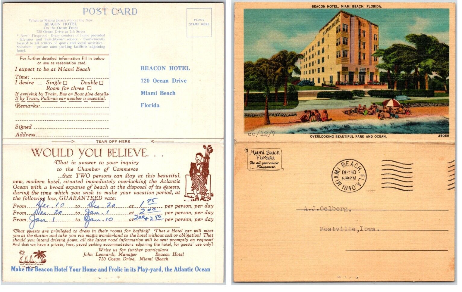 BEACON HOTEL Official w RATES booking RARE ~ Miami Beach ~Folding advertisement