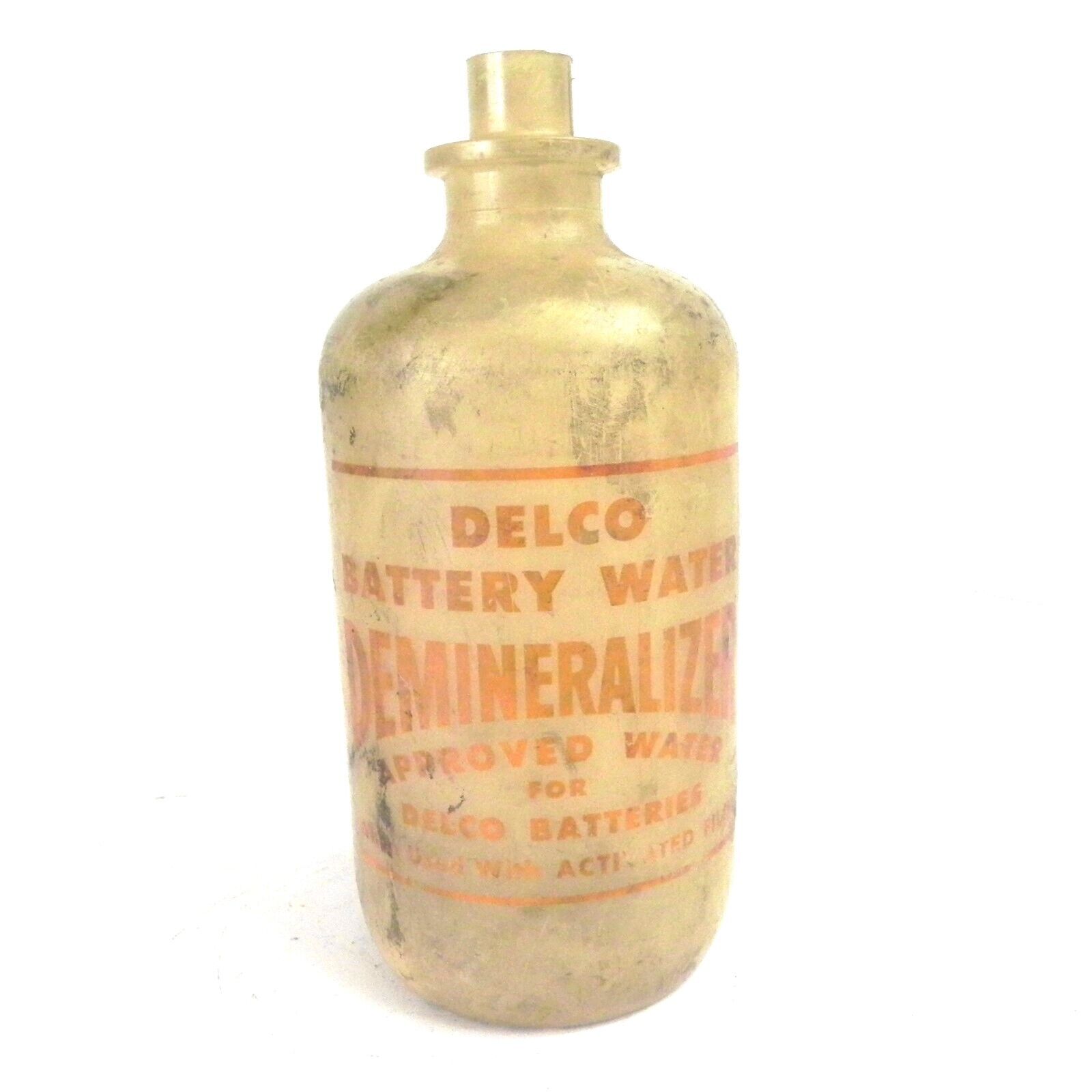 VINTAGE DELCO BATTERY WATER DEMINERALIZER BOTTLE RARE USED EMPTY BOTTLE PLASTIC