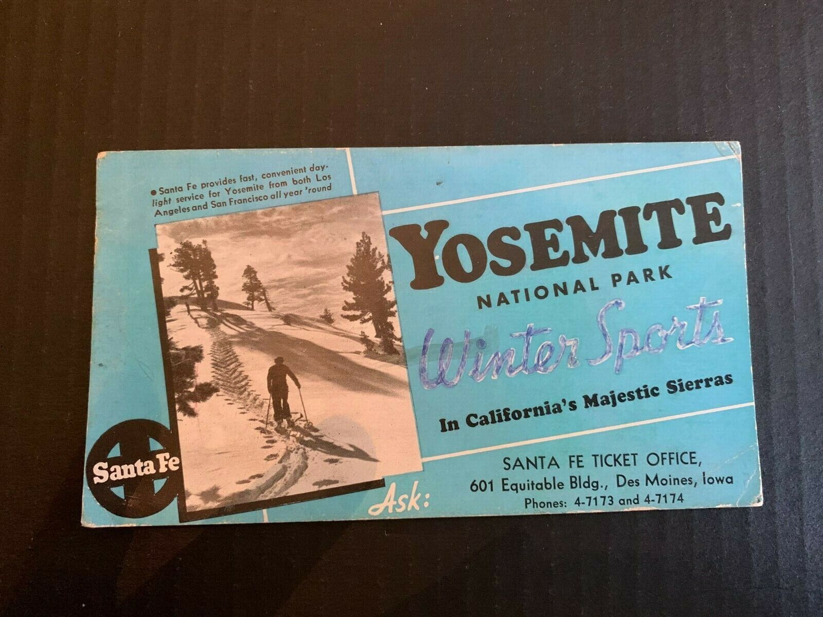1940\'s Santa Fe Railway Yosemite National Park Winter Sports Advertising Blotter