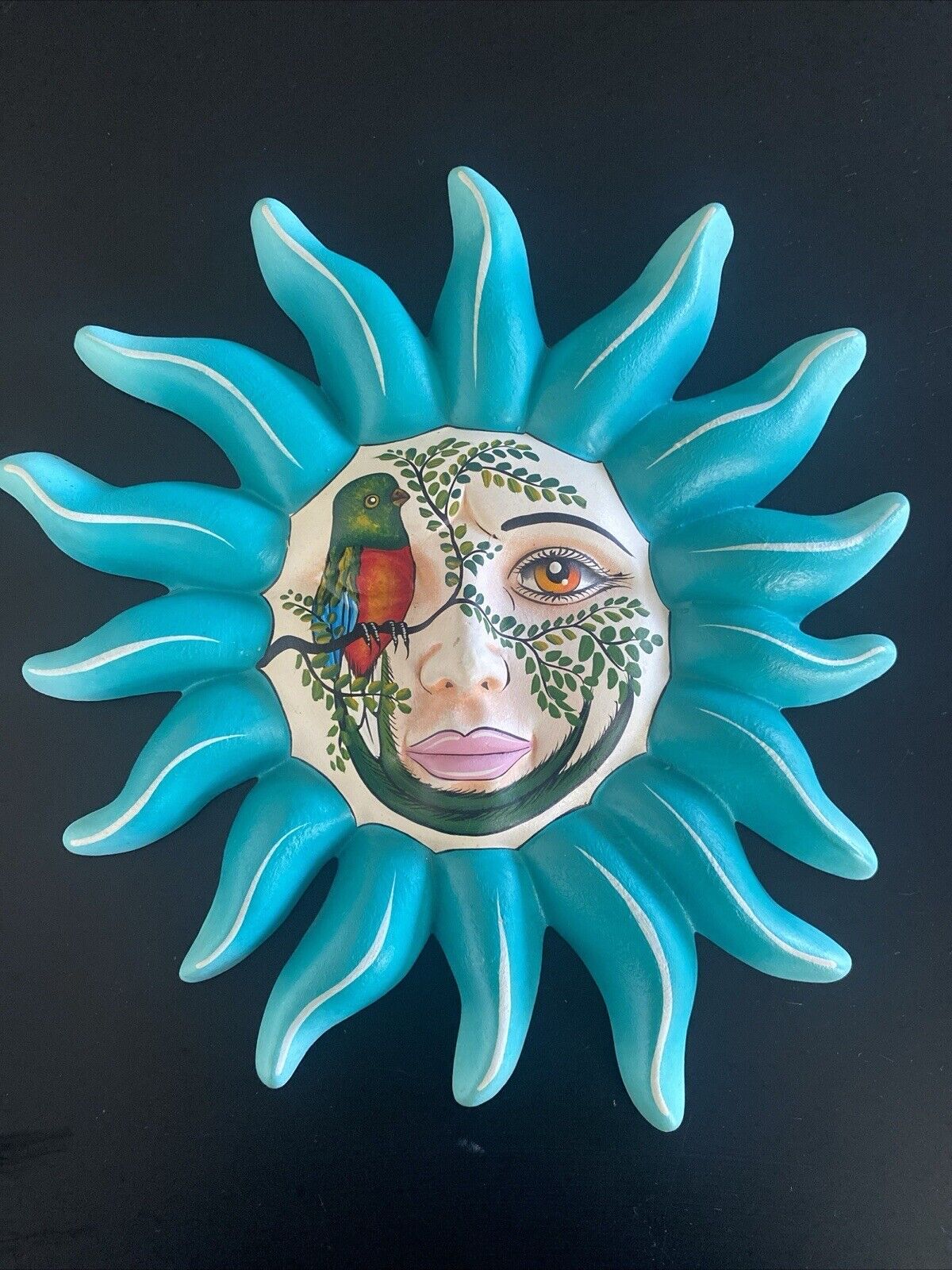 Vintage Hand Painted Ceramic Teal Sun With Face Quetzal Plaque Wall Hanging 11”