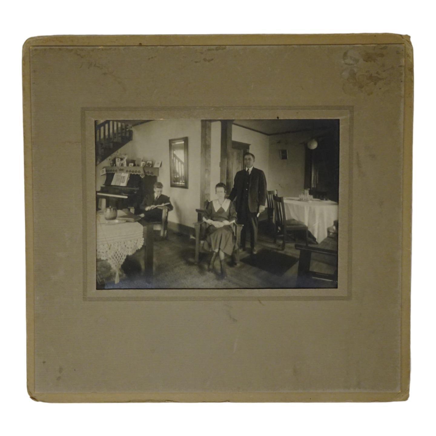 Vintage 1930s Family Portrait Photograph Man Woman Son in House w Piano