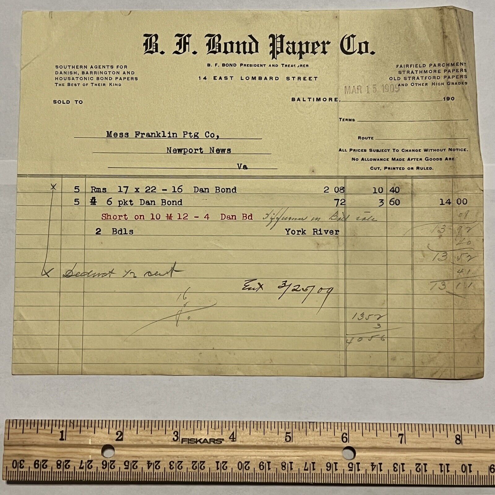 1909 B.F. BOND PAPER COMPANY INVOICE RECEIPT E. LOMBARD STREET BALTIMORE, MD