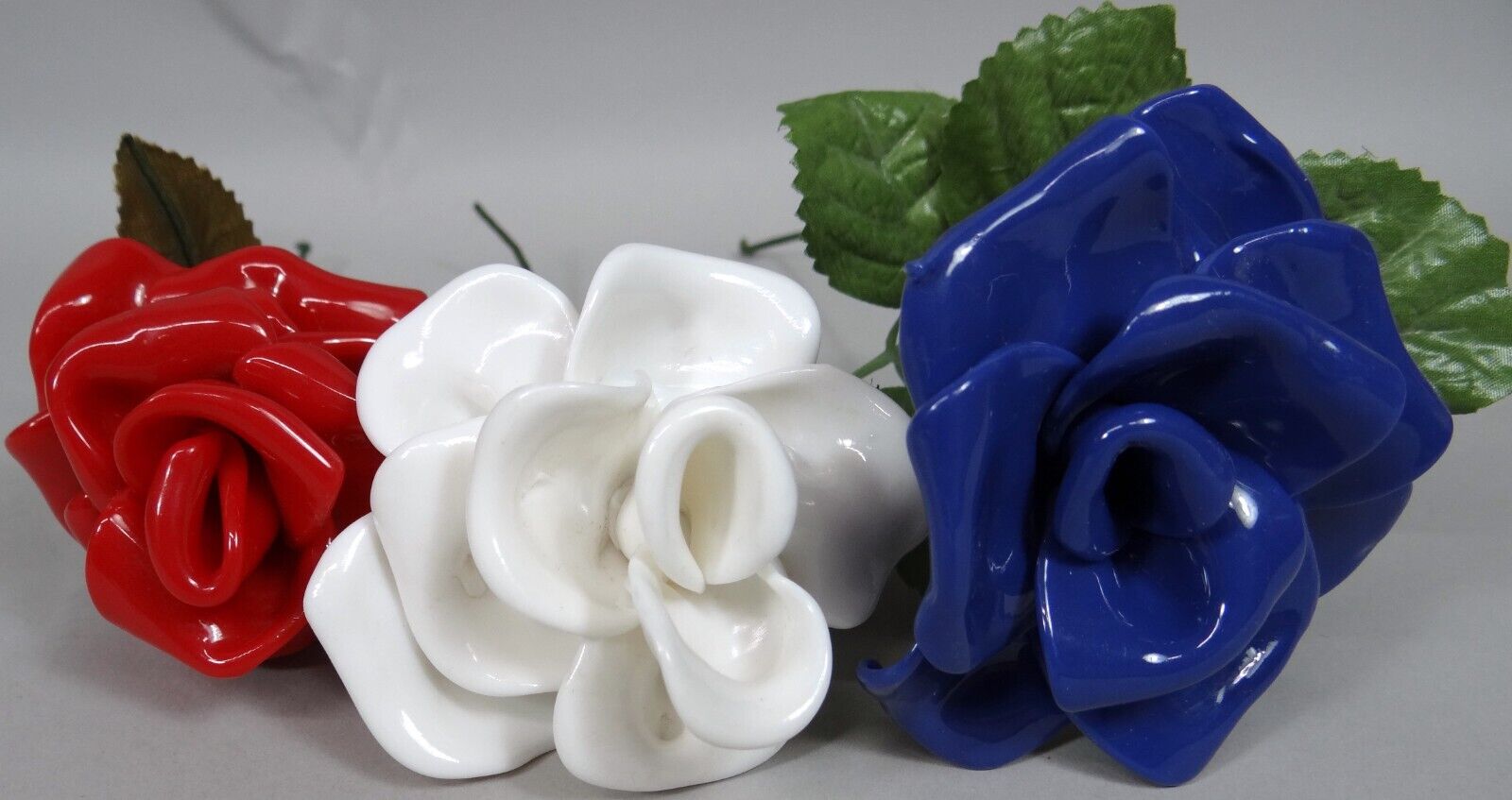 Vtg Melted Plastic Flowers Red White Blue Roses Artificial Stem Leaves 10in Cool