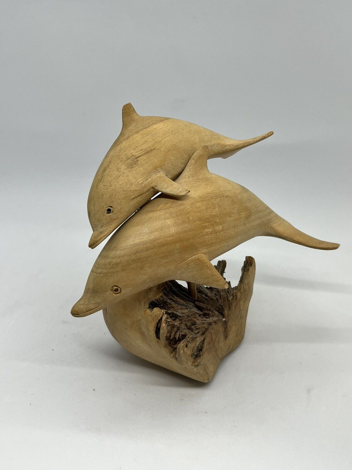 Unique Hand Carved 2 Dolphins On Parasite Wood w/Base Figurine Carving