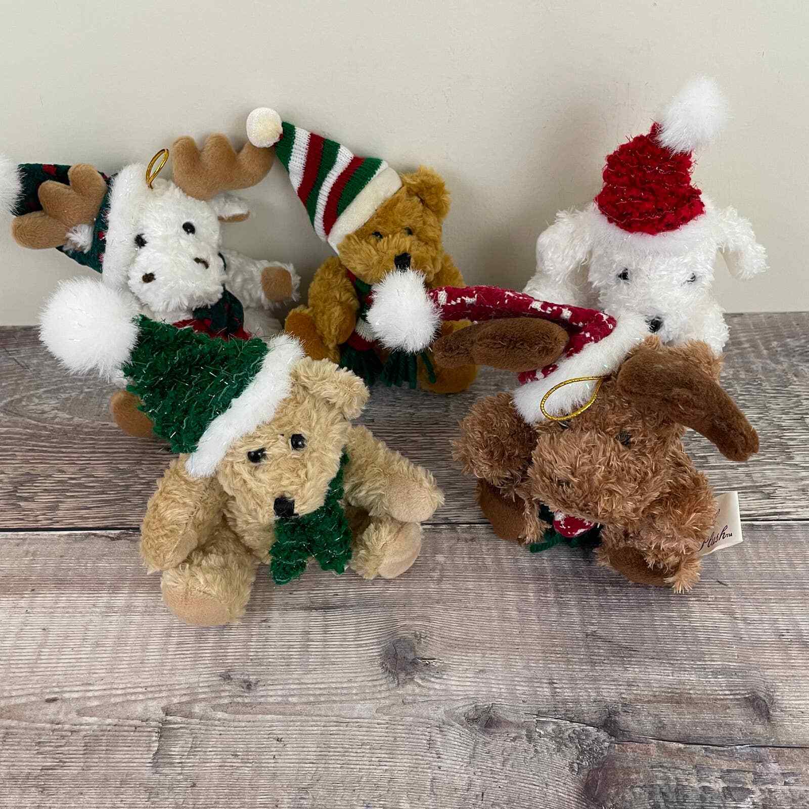 Lot 5 Vintage Christmas Ornaments Chrisha Playful Plush Stuffed Moose Bear Dog 