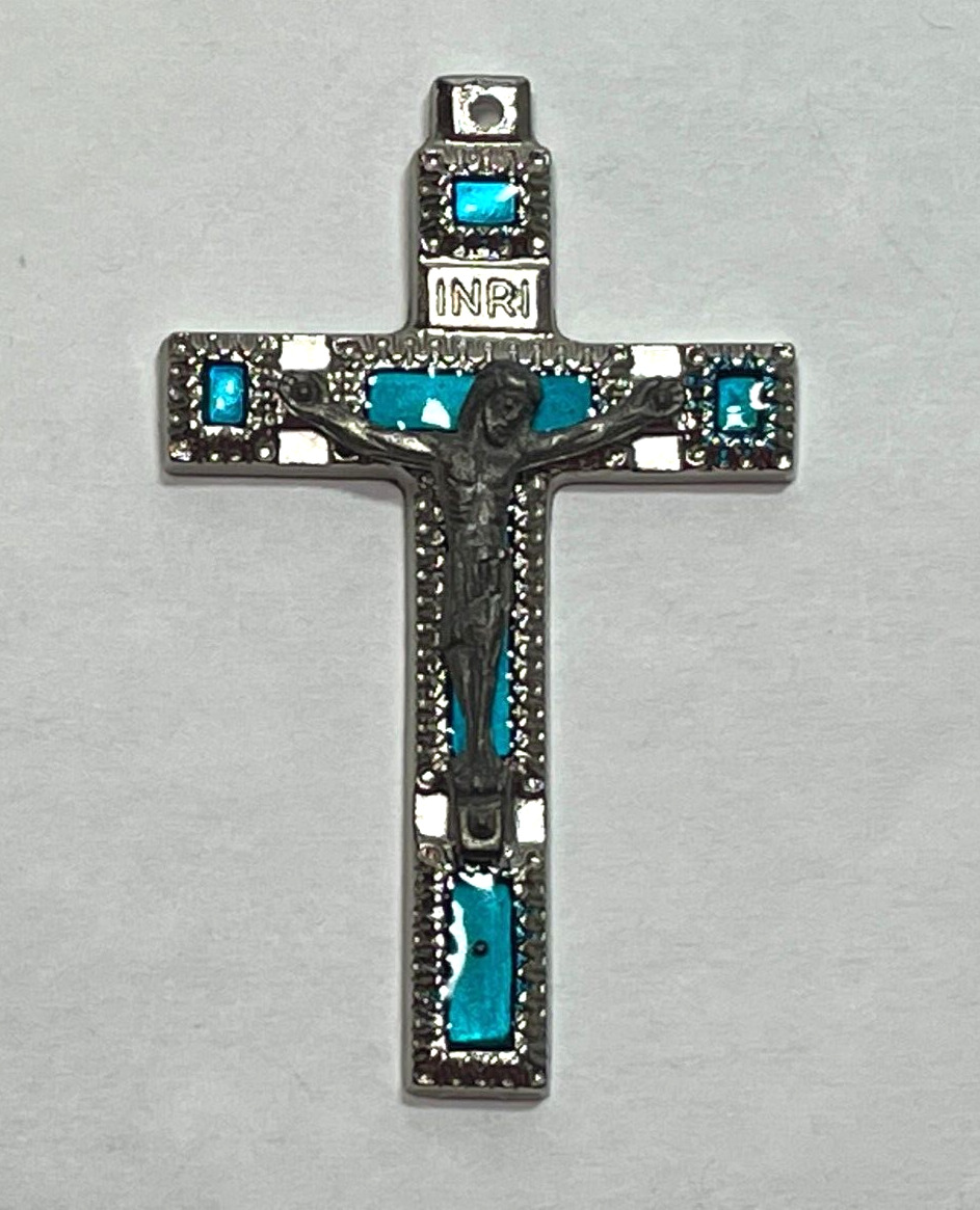 Vintage Roma Metal Crucifix Cross Pendant with Teal Stone Inlay 2.5” Tall