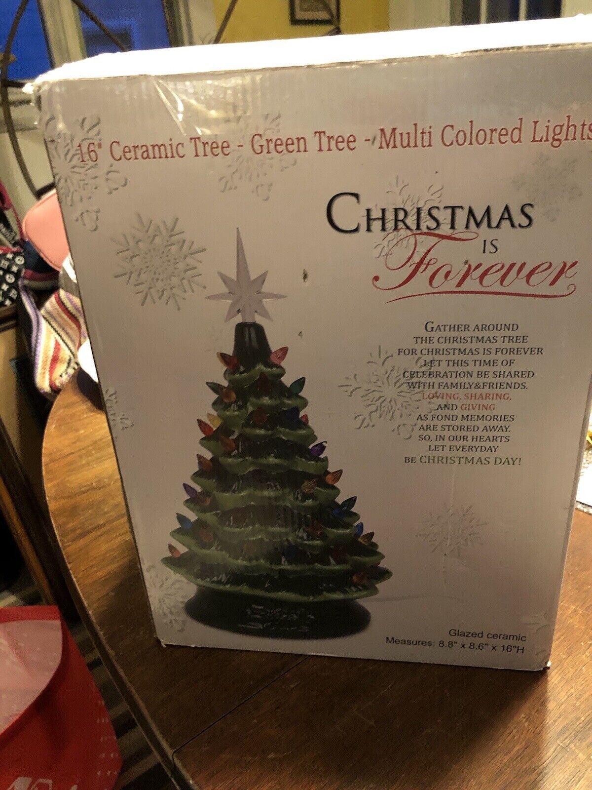 Christmas is Forever Lighted Tabletop Ceramic Tree, 16 Inch Green Tree