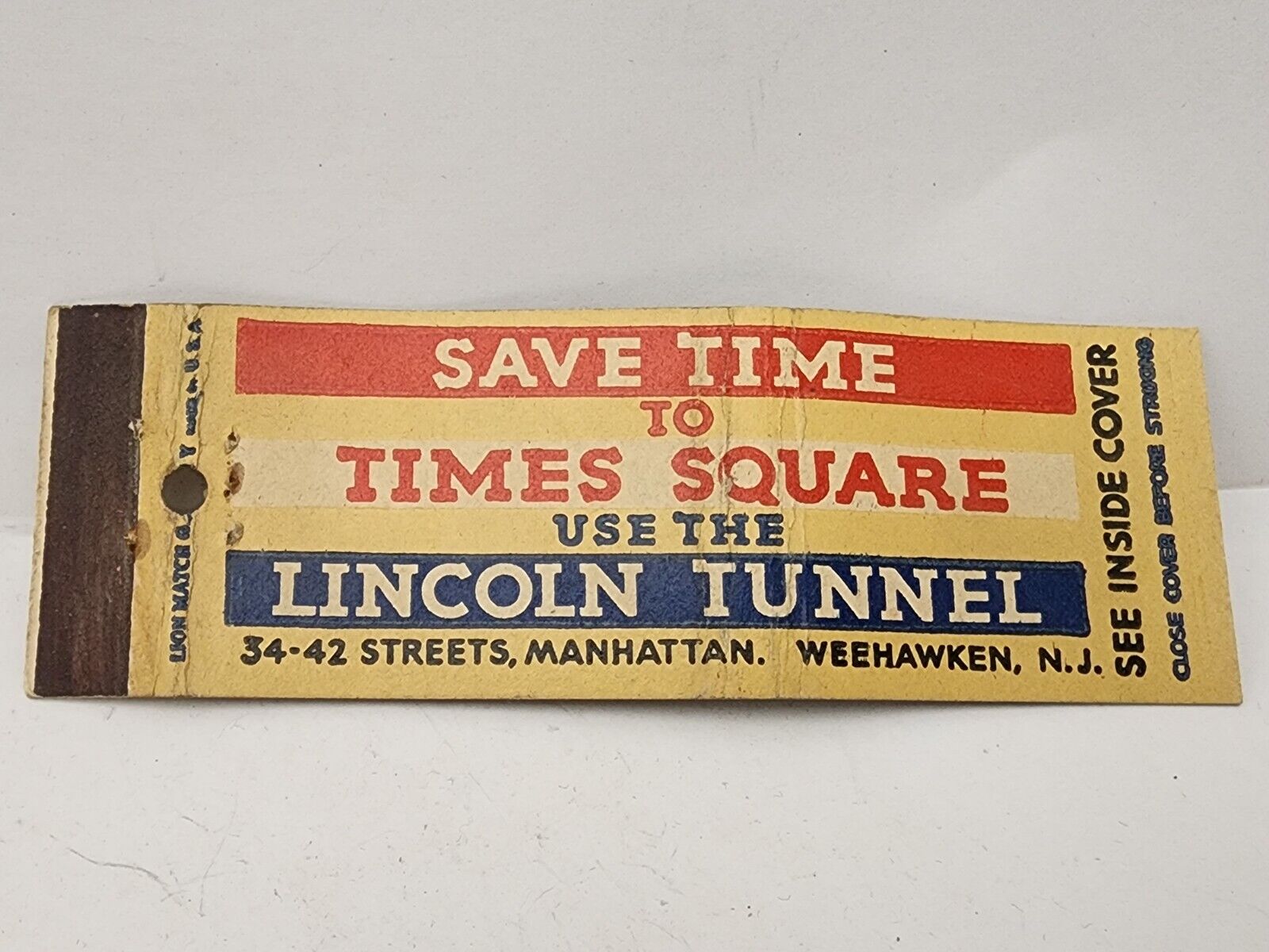Vintage Matchbook Cover - Save Time to TIME SQUARE Lincoln Tunnel Manhattan NY
