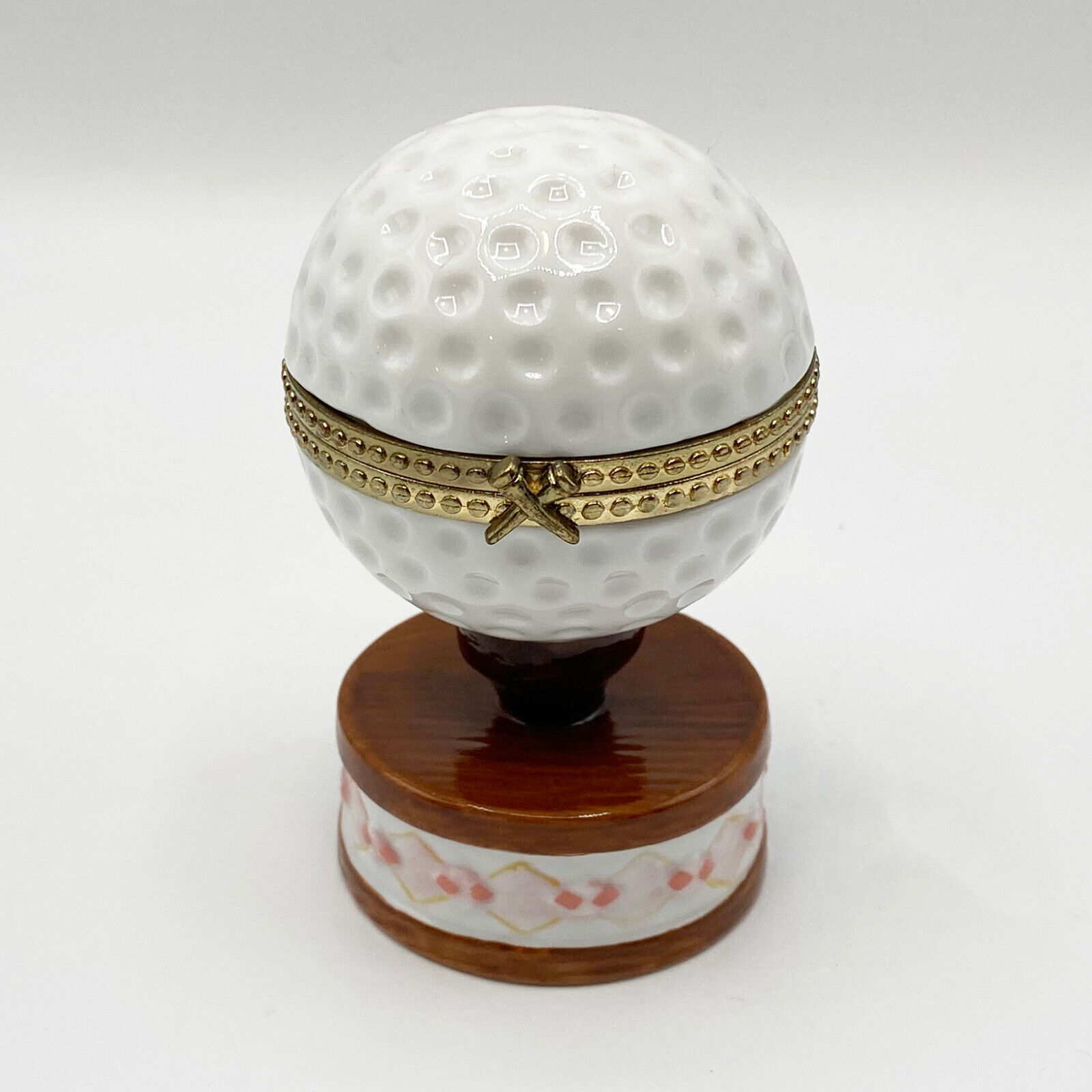 Vintage Golf Ball on Stand Trinket Box - White Brown Pink