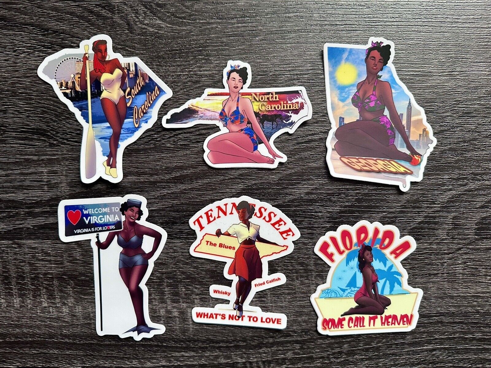 Dirty South Vintage Style Travel Decal, Pinup Girl Vinyl Sticker, Pin-Up 6 PACK