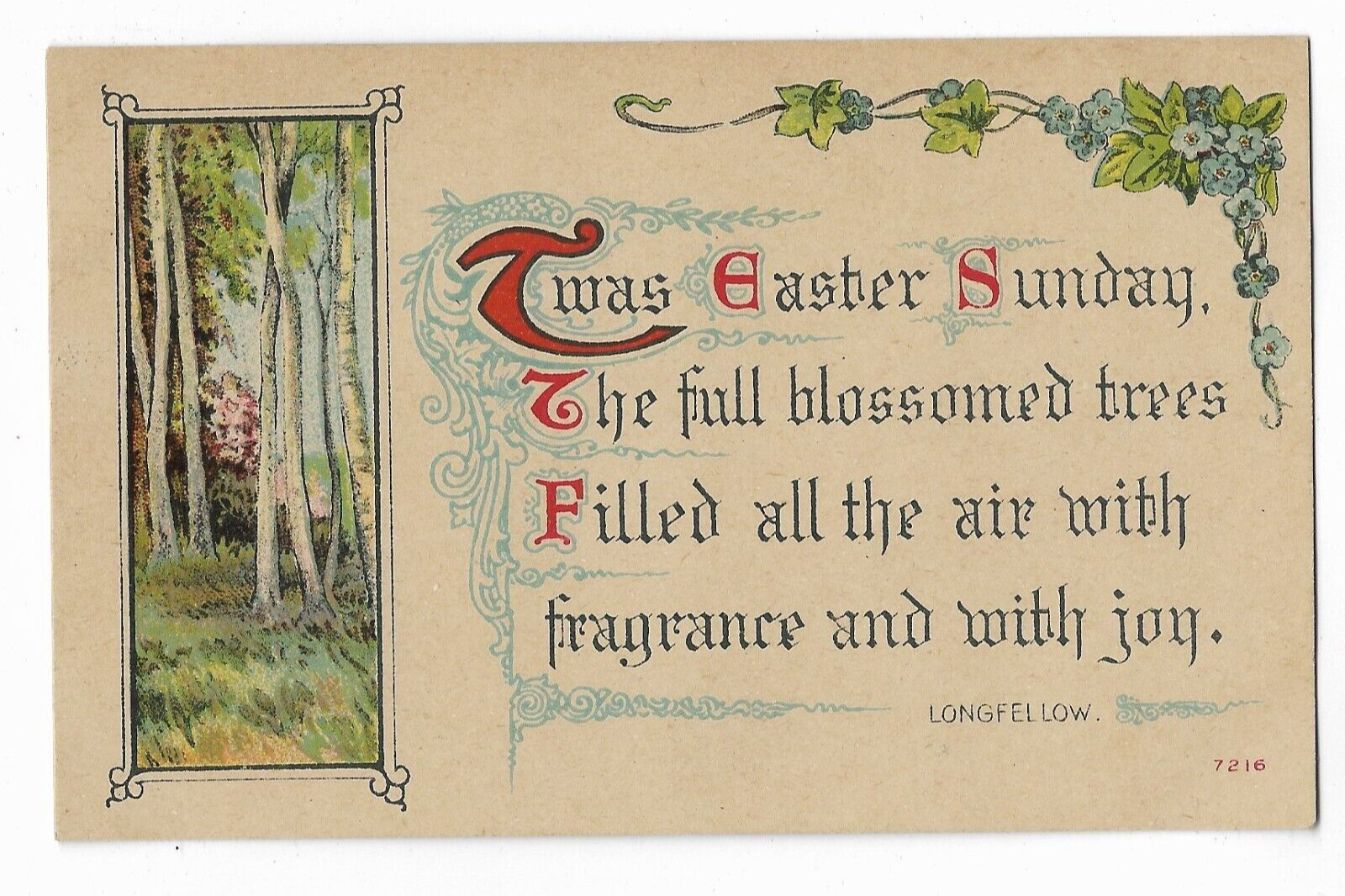 Birch Trees in the Woods by Quote by Longfellow on Old Art Deco Easter Postcard