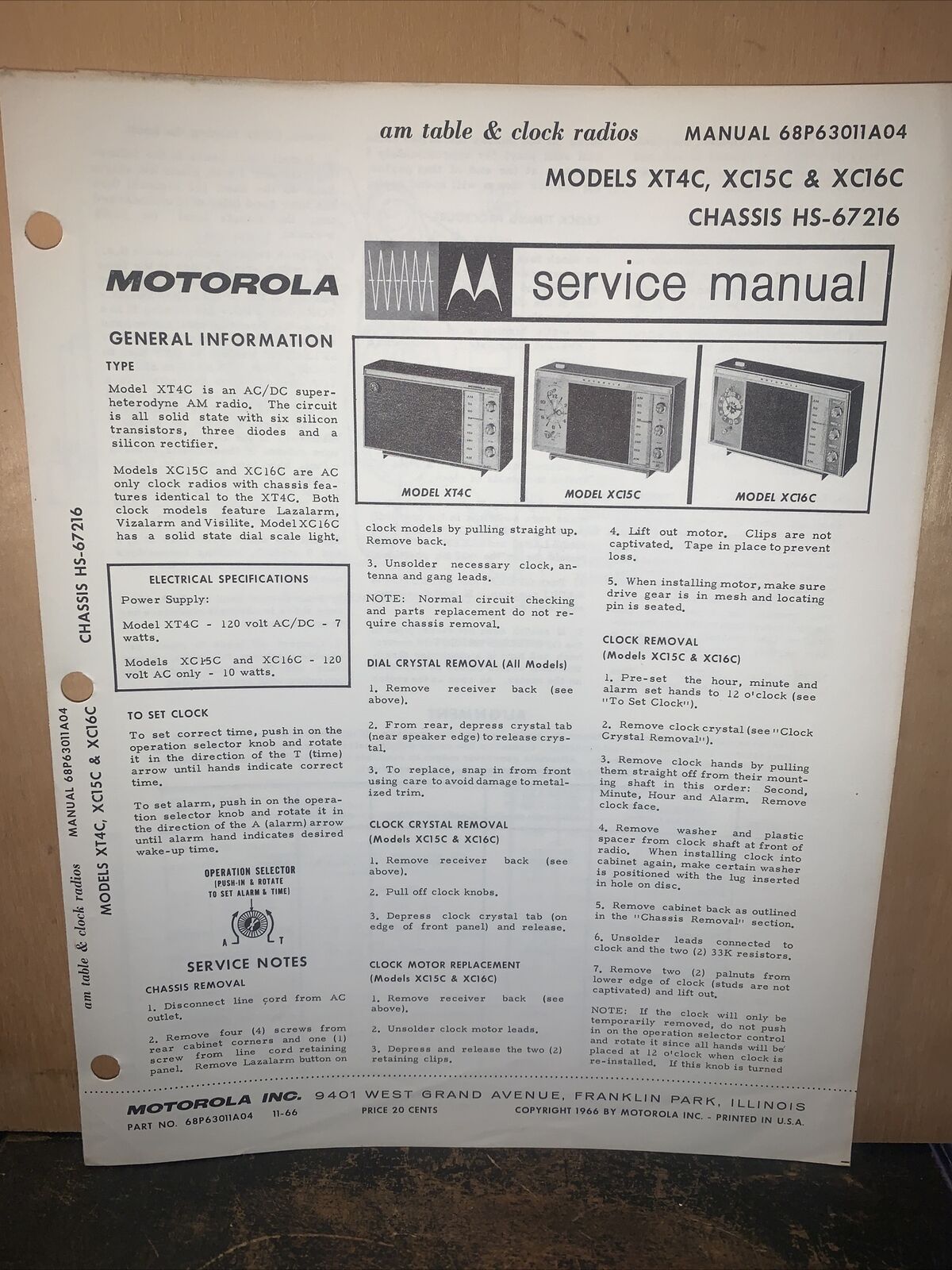 Motorola Radio Model #XT4C-Service Manual- Schematics.XC15C,XC16C Parts List.