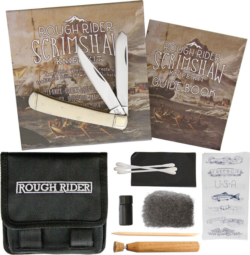 Rough Rider Scrimshaw White Bone Folding Pocket Knife Design Tools Kit Set 1579