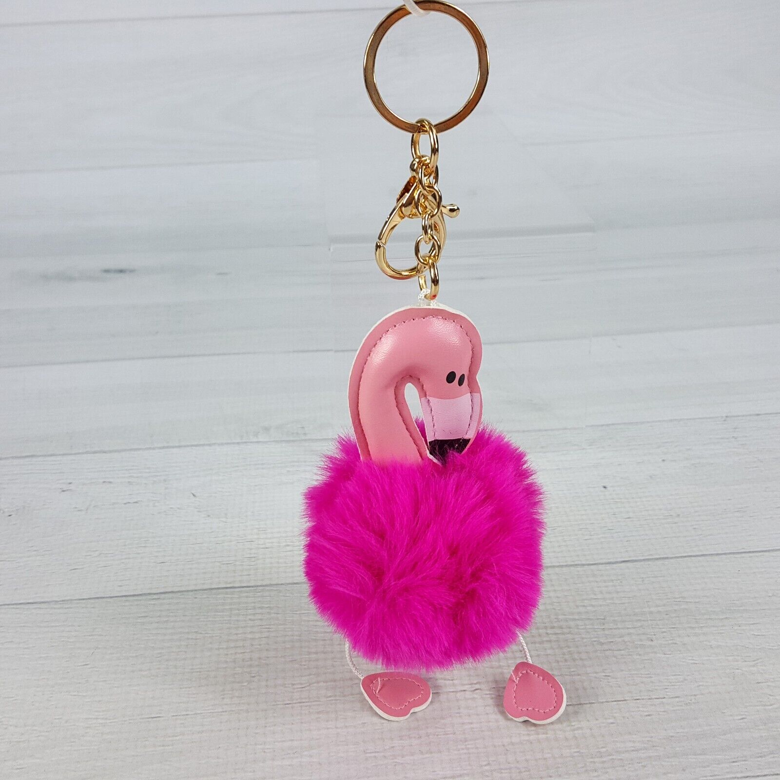 Pink Flamingo Keychain Key Ring w Poof Ball Faux Fur Body 7\