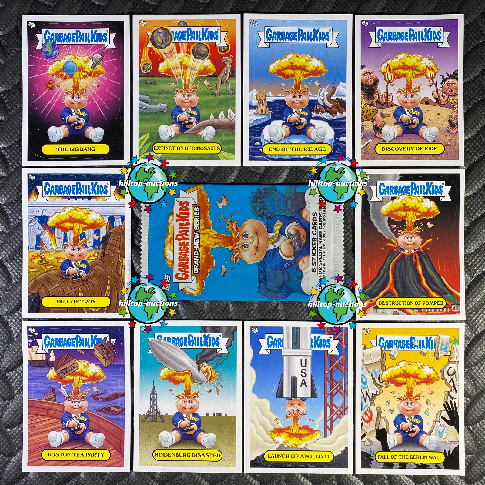 GARBAGE PAIL KIDS BNS1 2012 COMPLETE 10-CARD SET ADAM BOMB THROUGH HISTORY +WRAP