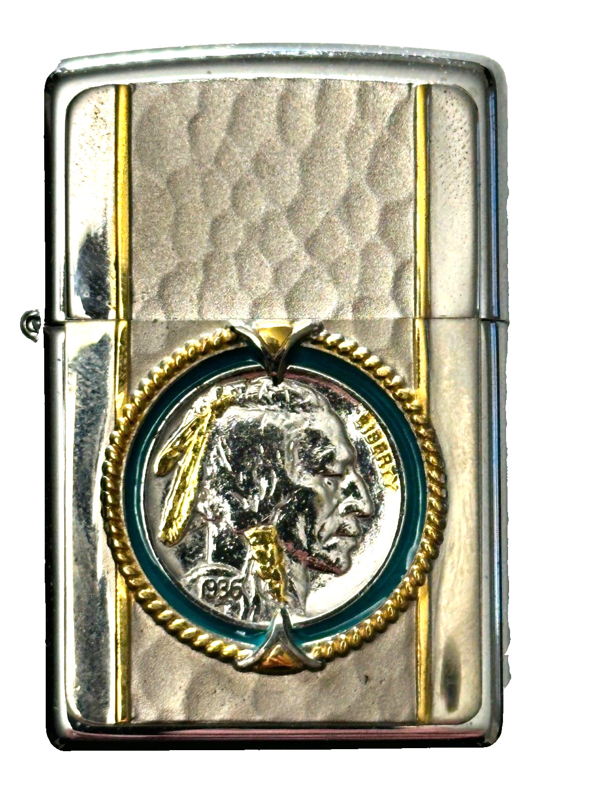 Zippo Genuine 24K Gold & Turquoise Indian Head Nickel Lighter - Rare Collectible