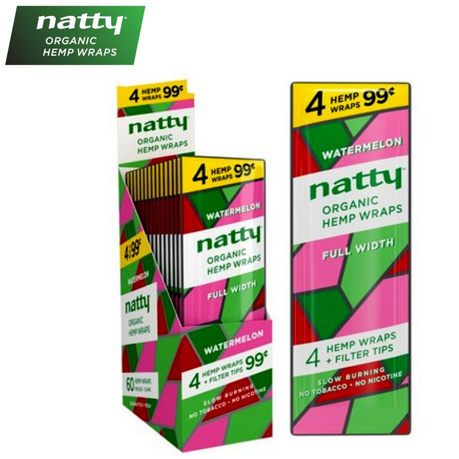 NATTY Organic WATERMELON Flavored Full-Width Herbal Wraps Full Box 15/4CT -60PCS