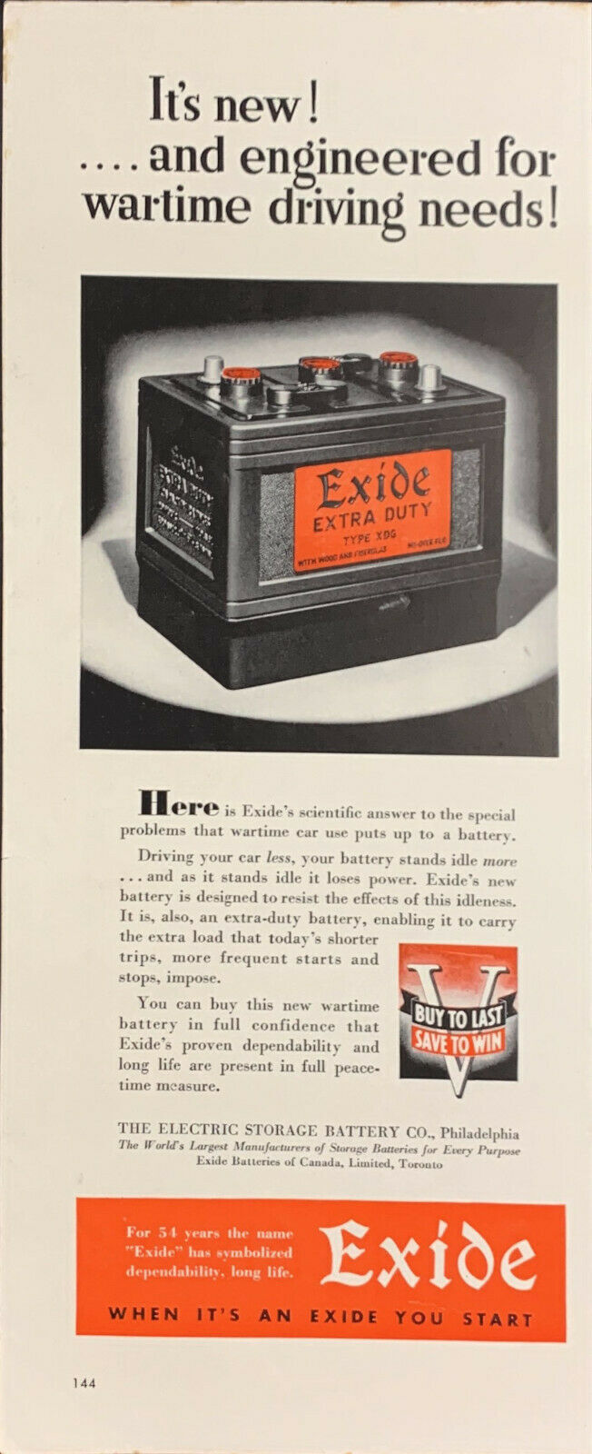 Vintage 1942 Exide Extra Duty Battery For Wartime Driving Print Ad Advertisement