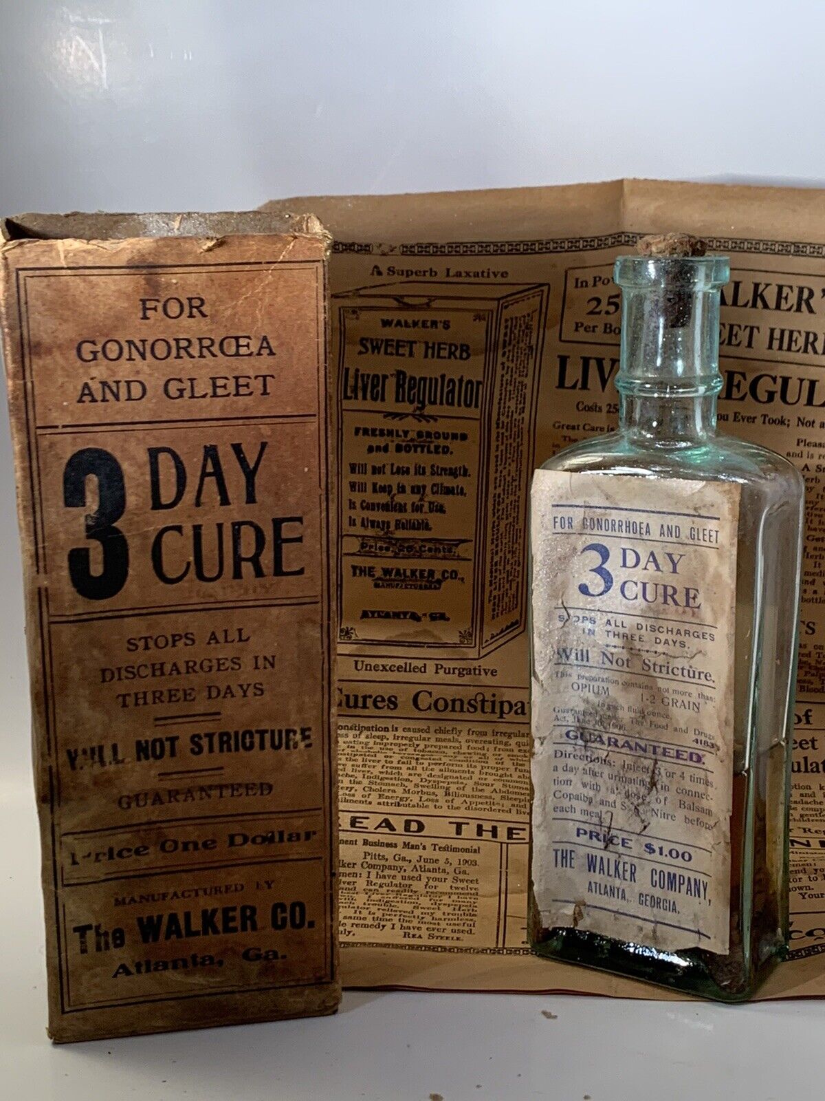 Antique 1906 Gonorrhea Gleet Cure Bottle Original Label, Box and Brochure.NR