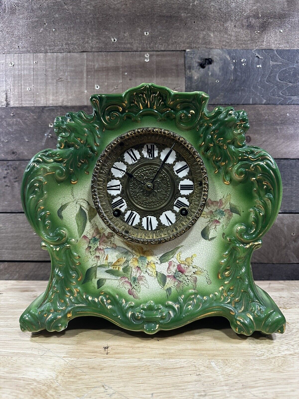 Antique Green William L. Gilbert No. 411 Porcelain Mantel Clock