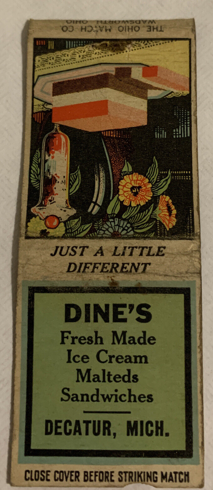 Vintage Dine’s Fresh Made Ice Cream from Decatur, Mich Ad Matchbook Cover L0446