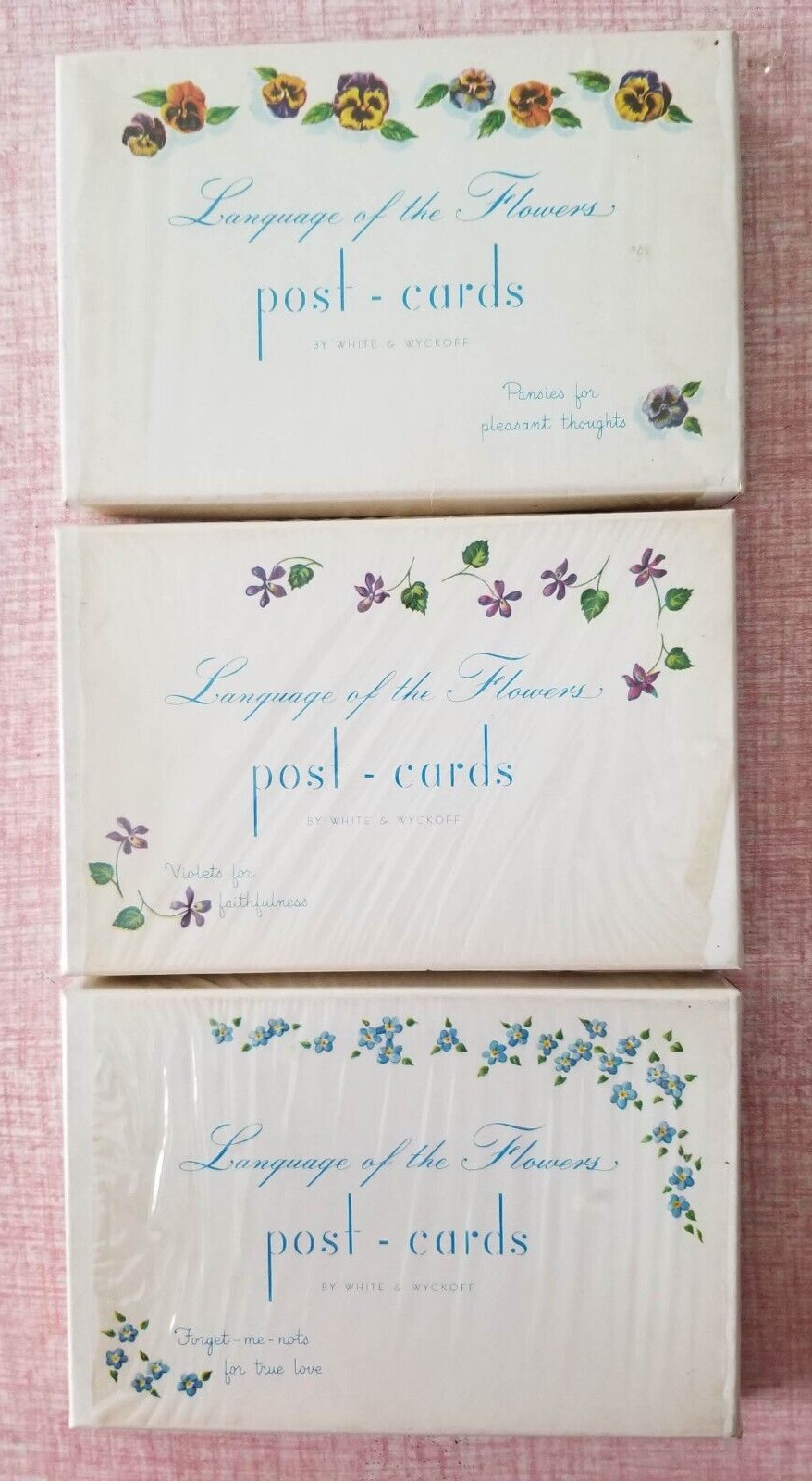 Lot of 3 Language of the Flowers Postcard Boxes Forget-Me-Nots, Pansies, Violets