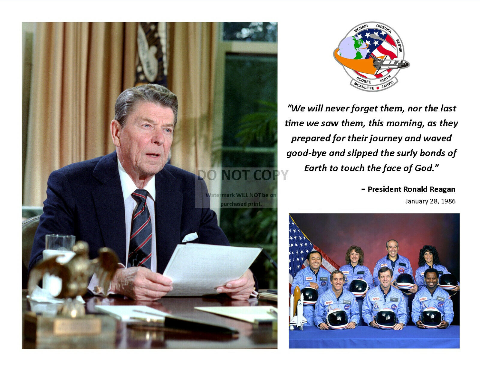 RONALD REAGAN TRIBUTE QUOTE TO THE CHALLENGER ASTRONAUTS - 8X10 PHOTO (PQ-056)