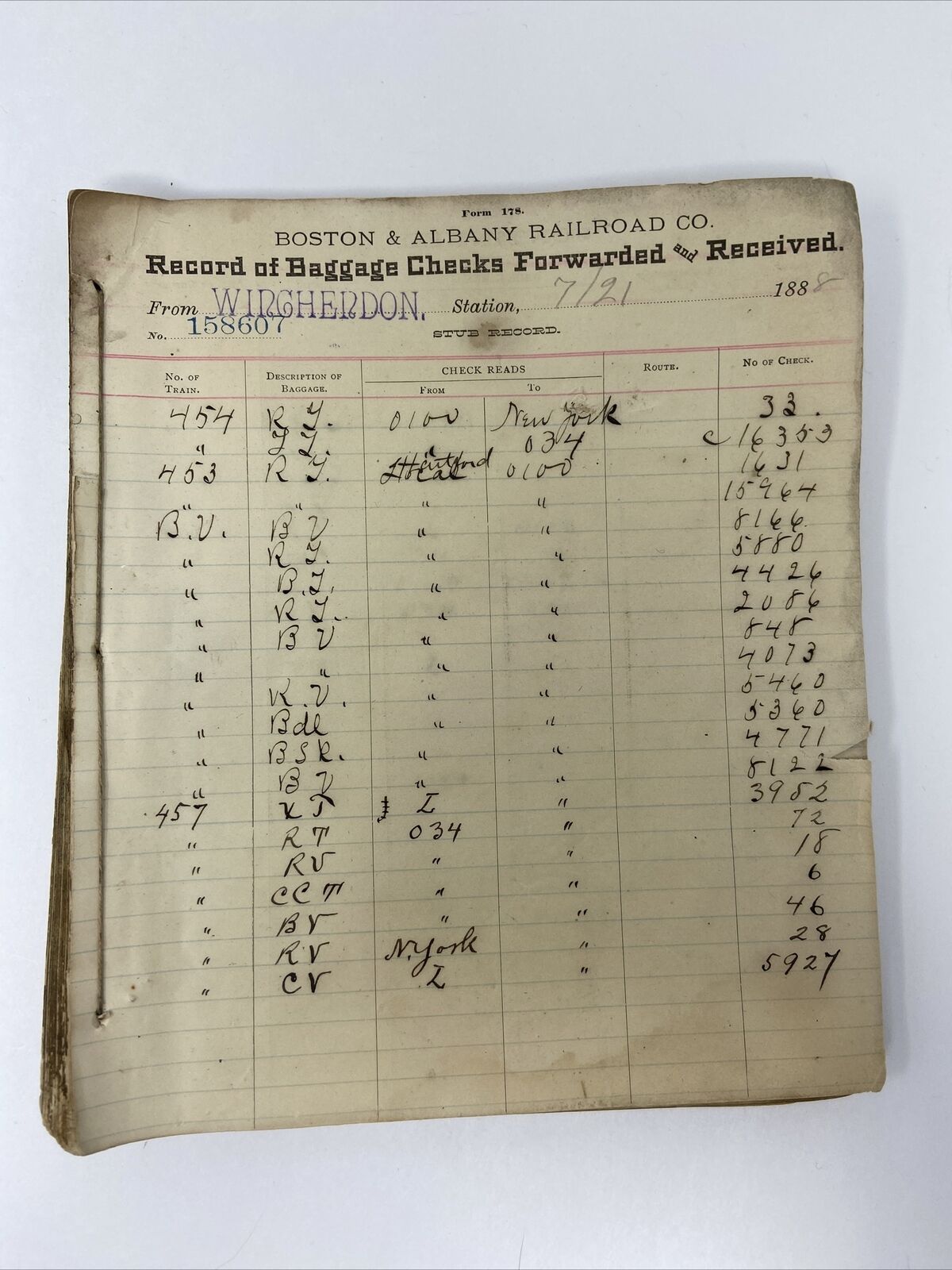 1883 Boston Albany Railroad Winchendon Station Handwritten Record Baggage Checks