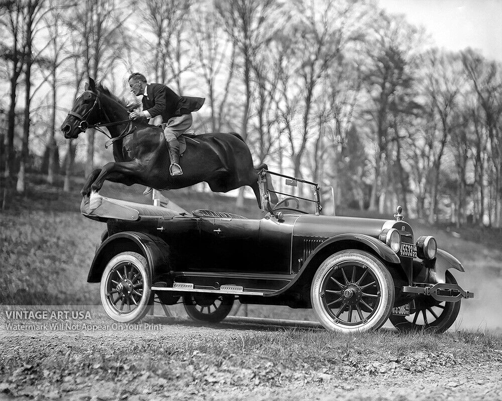 Horse and Rider Jumping Over Automobile - Vintage 1923 Photo Print - Tipperary