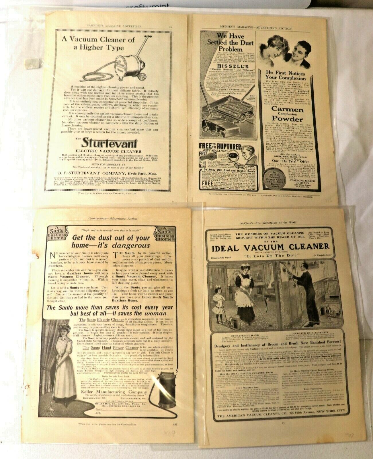 4 Antique 1900-11 Vacuum Cleaner Print Ads Santo Ideal Sturtevant Bissell