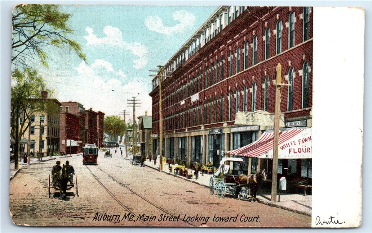 Postcard Main Street looking toward Court, Auburn, Maine 1907 J105