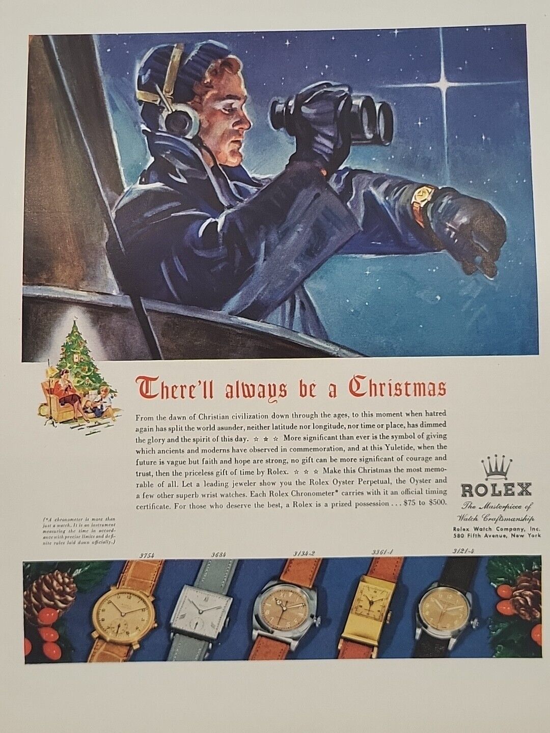 1942 Rolex Watch Fortune WW2 X-Mas Print Ad Christmas Tree Navy Star Binoculars