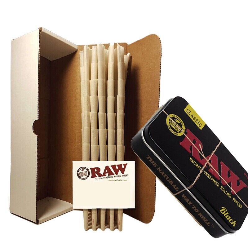 RAW Classic 98 special Size Pre-Rolled Cones (100 Pack) + RAW TIN