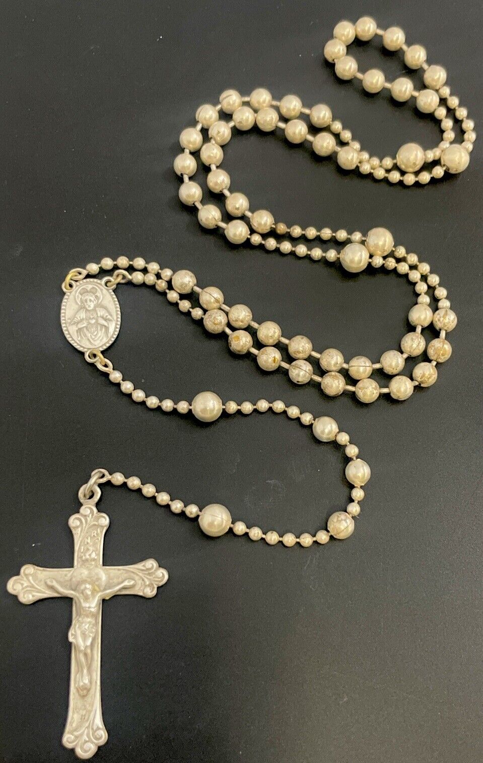 Vintage Catholic WWII Pull Chain Silver Tone Military Rosary