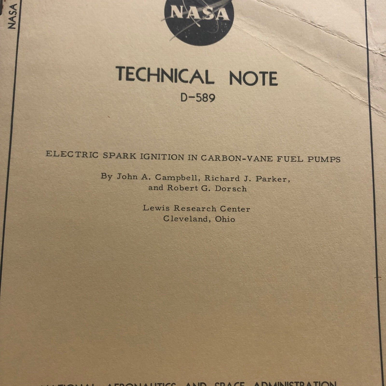 NASA 1960s Technical Note Book, D-589, Electric Spark Ignition in Carbon Vane