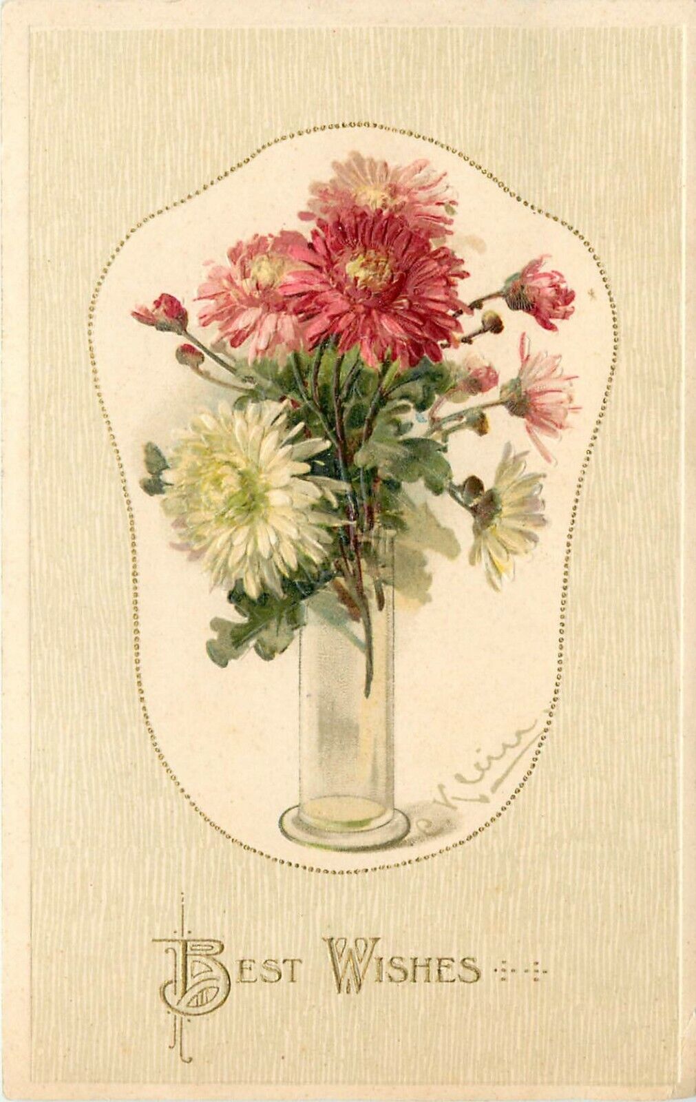 Winsch Postcard A/S Katherine Klein Chrysanthemums in Vase Best Wishes unposted