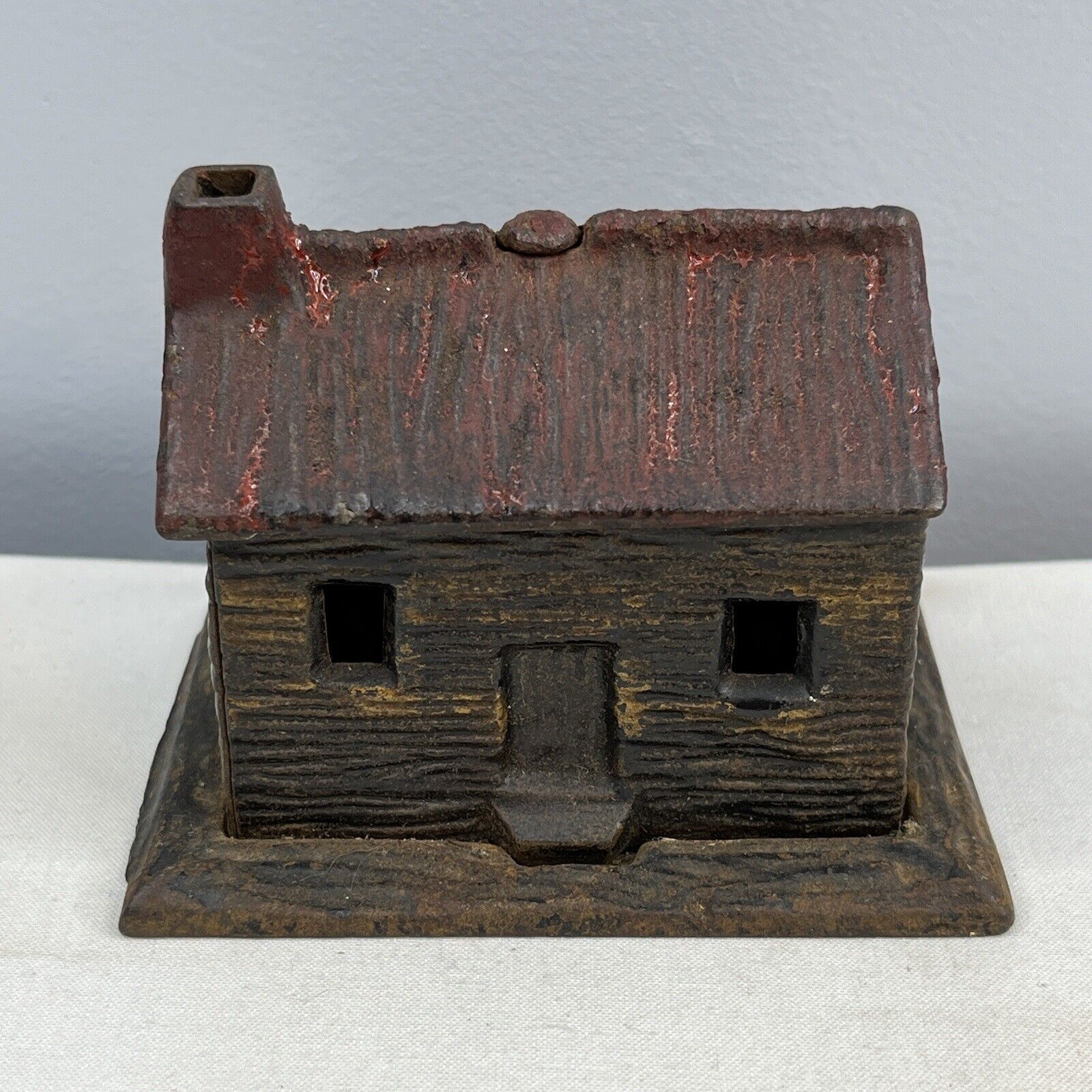 Rare Original 19th Century Log Cabin Cast Iron Still Penny Bank