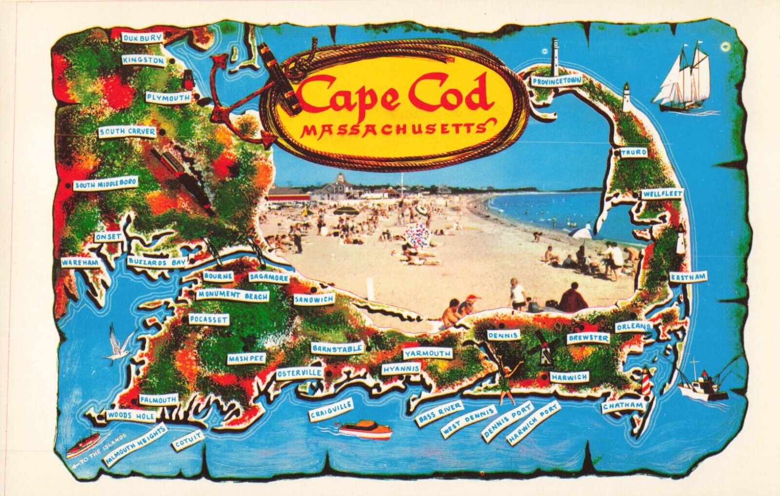 Cape Code Massachusetts, Map, Beach View, Vintage Postcard