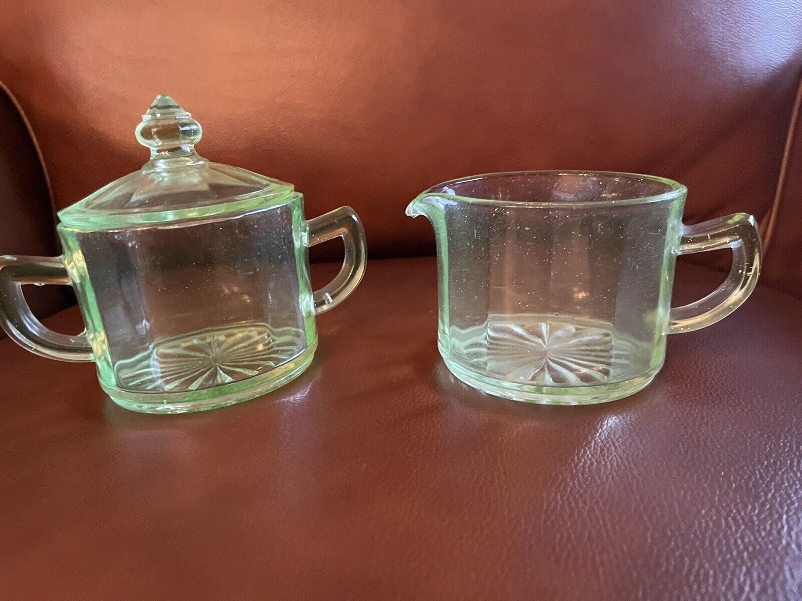 Vintage Green Depression Glass Creamer and Sugar Bowl Set Ribbed Pattern