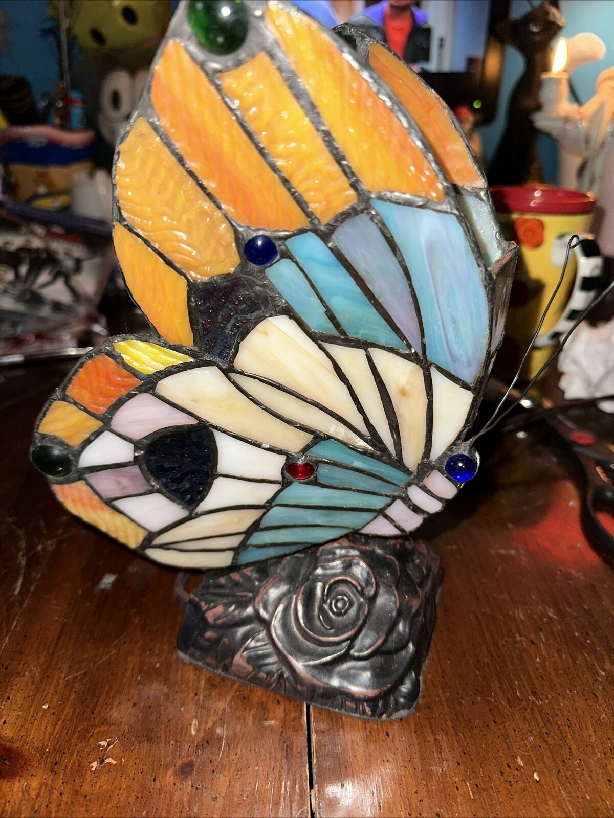 Vintage Tiffany Style Stained Glass Butterfly Table Lamp Night Light 9 1/2 Tall