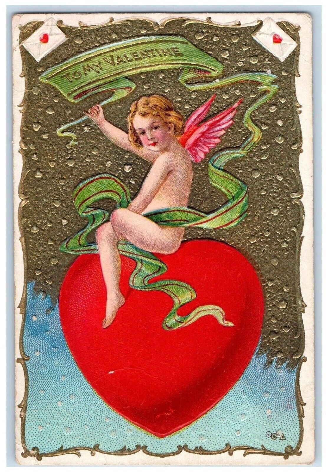 c1910's Valentine Angel On Top Of Giant Heart Letters Embossed Antique Postcard
