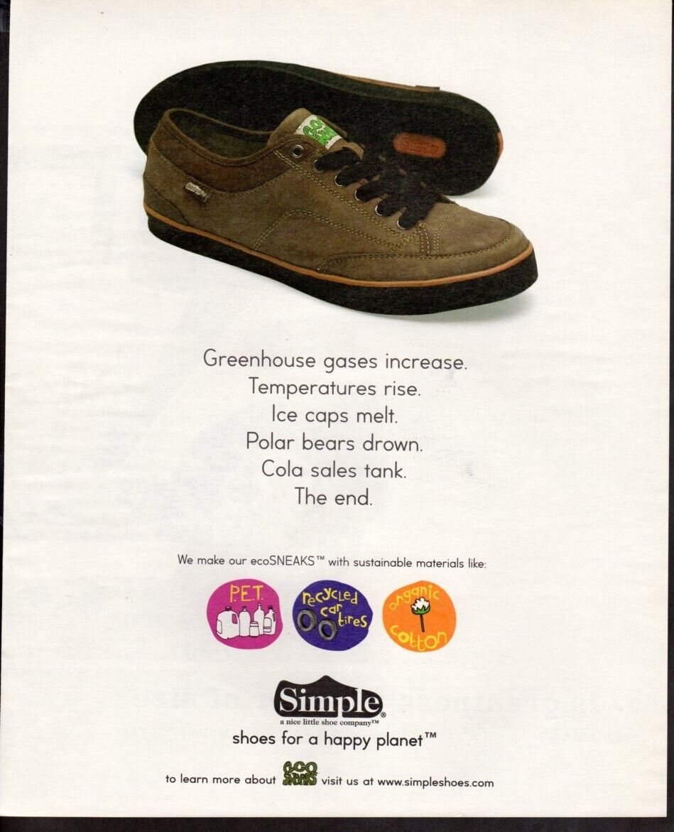 Vintage print ad advertisement Fashion shoe SIMPLE ecoSneaks Greenhouse Gasses