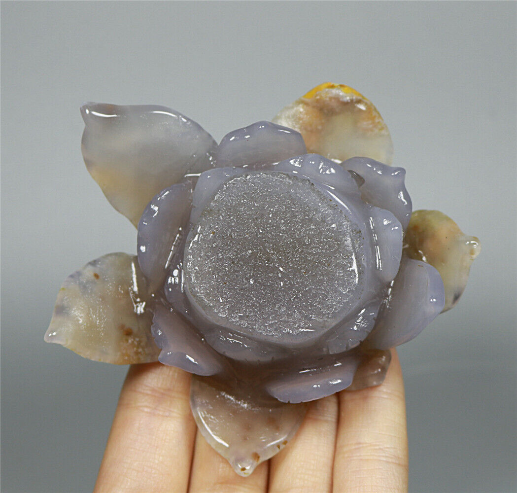 Beautiful Natural Agate Geode Crystal Carved Lotus Carving ,collectibles 164g
